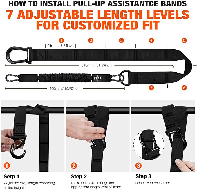 Pull Up Assistance Bands, Pull Up Bar Resistance Bands, Pull Up Bands for Enhanced Strength Training, Muscle Training, 3 Heavy-Duty Adjustable Pull Up Assist Strap & Comfortable Foot Strap