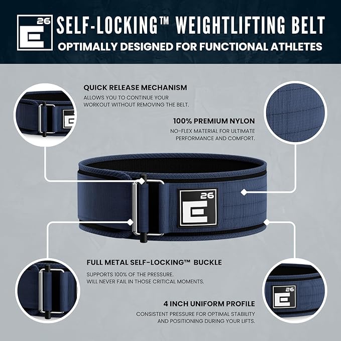 Element 26 Self-Locking Weight Lifting Belt - Premium Weightlifting Belt for Serious Functional Fitness and Olympic Lifting Athletes - Lifting Support for Men and Women - Deadlift Training Belt
