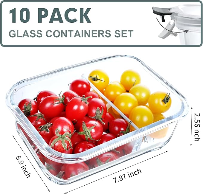 VERONES 10 Pack Glass Meal Prep Containers 2 Compartment Set, 30 OZ Airtight Glass Lunch Containers, Glass Food Storage Containers with Lids, for Microwave, Oven, Freezer & Dishwasher Friendly,Grey