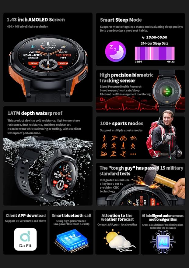 Gravity C25 1.43" AMOLED Smartwatch with Always-On Display, Bluetooth Call, AI Voice, 100+ Sports Modes, Heart Rate & Sleep Monitor, 1 ATM Waterproof, Fitness Tracker for iOS & Android (Orange)