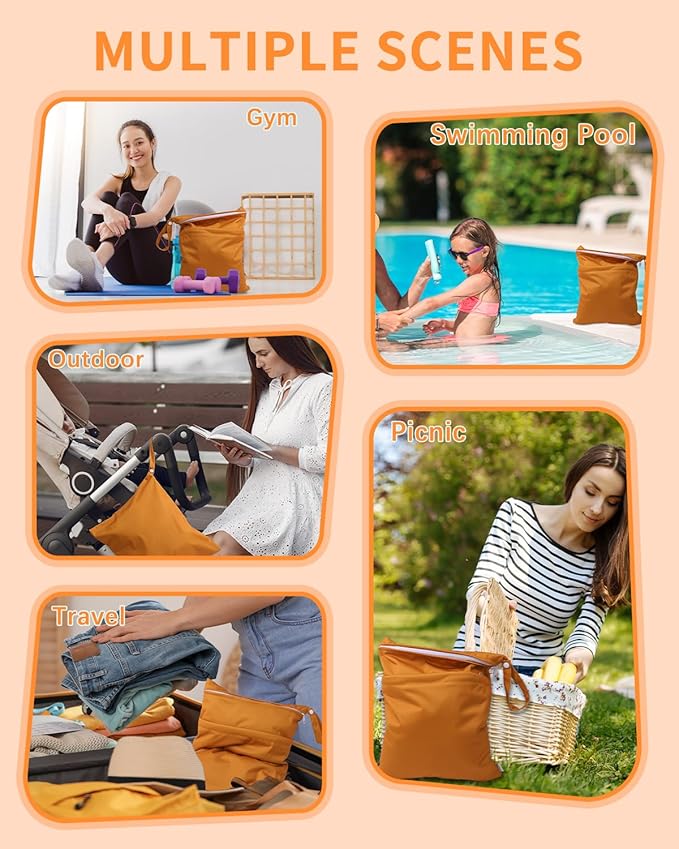 babygoal Wet Dry Bags 3 Pack for Baby Cloth Diapers, Washable Travel Bags, Beach, Pool, Gym Bag for Swimsuits & Wet Clothes with Two Zippered Pockets 3LN29