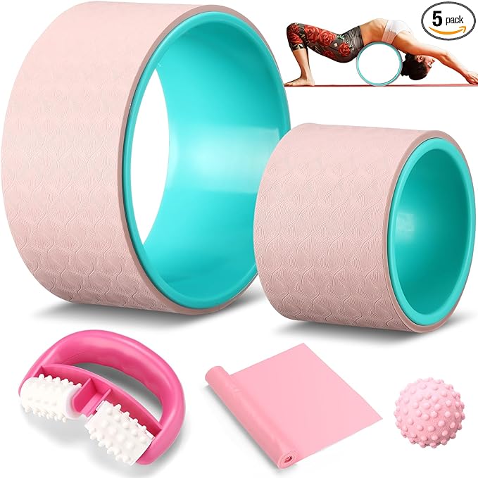 5 Pack Yoga Wheel Set Back Stretcher Wheel for Deep Tissue Massage Foam Roller for Back Pain Relief & Stretching, Trigger Point Therapy Ball, Resistance Loop Exercise Bands, Massage Roller
