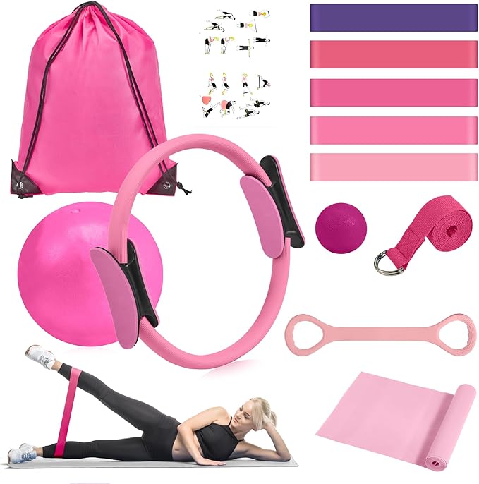 HASHMUST Pilates Ring Kit 12 PCS for Women, Home Workout Equipment with Magic Circle, Mini Exercise Ball, Resistance Bands, Massage Lacrosse, Yoga Strap, Full-Body Fitness Set for Toning & Gift