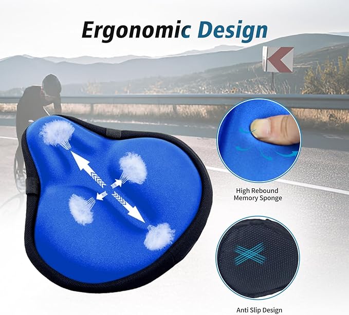 Bike Seat Cover, HUIOK Wide Gel Exercise Bike Seat Cushion for Women Men Comfort, Fits Spin, Stationary and Cruiser Bikes, Indoor Outdoor Cycling, Water Dust Resistant Cover Included