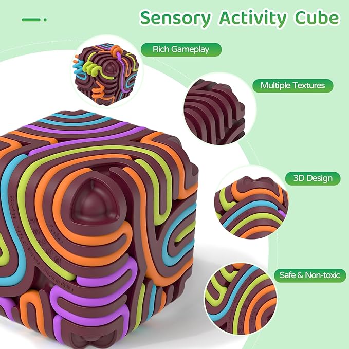 Accevo Sensory Fidget Toys for Kids Adults, Sensory Activity Board with 15 Strings, Silicone Cube Toys for Autism ADHD Anxiety Stress Relief, Stocking Stuffers for Women Men Teen Gifts
