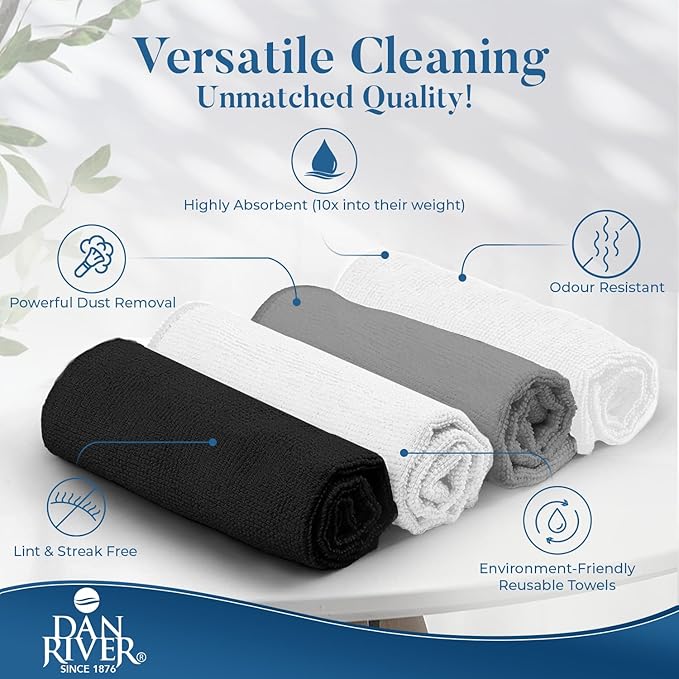 DAN RIVER 24-Pack Microfiber Towels โ Ultra Absorbent, Lint-Free & Streak-Free Kitchen Rags Cleaning for Home, & Car - Must-Have Cleaning Essentials - 12" x 12" - Gray White Black