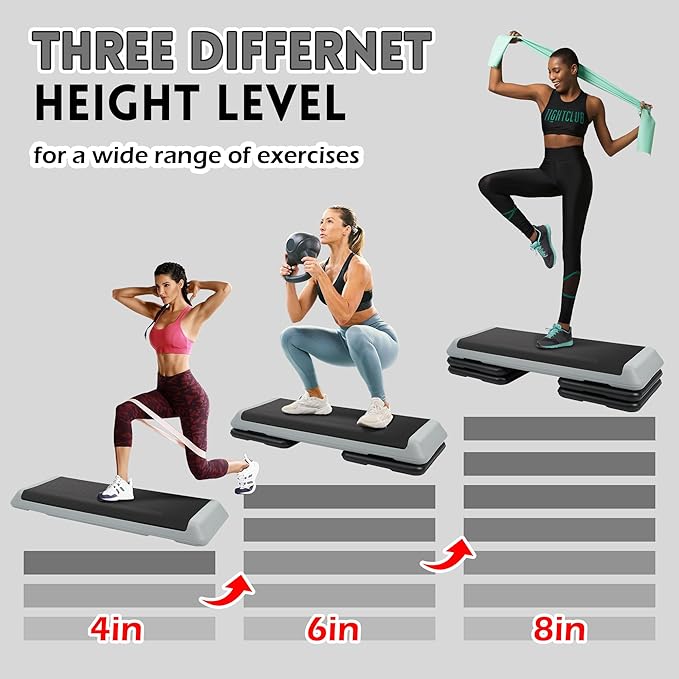 Step Aerobic Platform, Exercise Step with 5 levels Adjustable Height, 4 Stackable Risers, Fitness Training Workout Stepper for Home Gym, Cardio Strength, Multiple Options