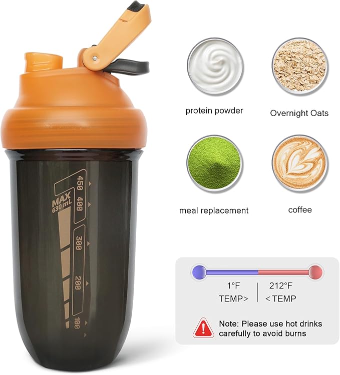 20 oz protein shaker bottle, TRITAN Plastic, BPA/BPS Free Whey Protein Drink Cups for Pre-Workout and Gym, Blender Shaker for Blending Protein Shakes, Overnight Oats and Smoothies (orange)