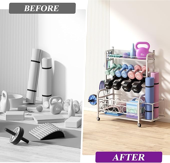 400LBS Dumbbell Rack, VOPEAK Adjustable Weight Rack for Home Gym, Home Gym Storage Rack for Yoga Mat Kettlebells and Strength Training Equipment, Weight Storage Rack for Dumbbells with Wheels