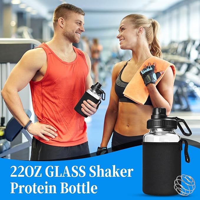 Glass Shaker Bottle,22oz BPA-Free Odorless Shaker Bottle with 304 Stainless Steel Ball and Removable Cleaning Brush for Fitness Protein Mixes(1Pack)