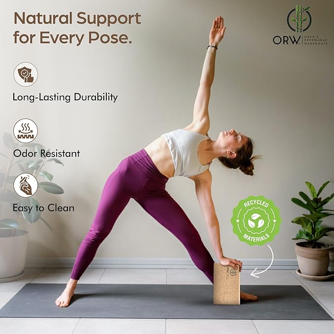 ORW OREN’S Natural Cork Yoga Block – 9”x6”x3”, 1.5 lbs – Heavyweight, Non-Slip, Eco-Friendly Support for Balance, Stretching, Pilates & Fitness – Dense Yoga Prop for All Levels