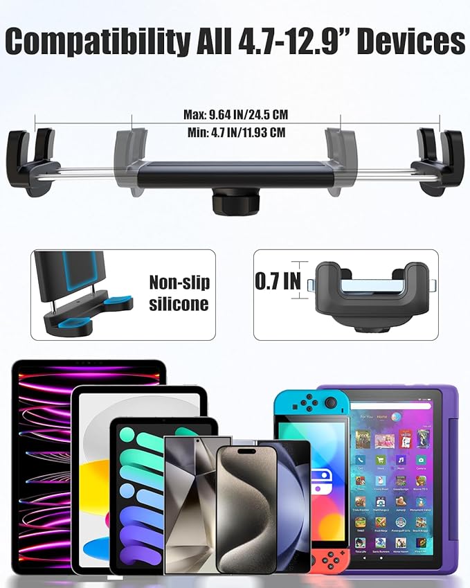Bike Tablet Phone Holder with Silicone Security Band, Metal Arm 360° Rotation Tablet Handlebar Mount for Stationary Bicycle, Treadmill Fits iPad Pro/Air/Mini, Smartphones, 4-13'' Devices