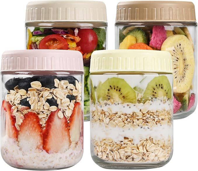 Overnight Oats Containers with Lids, 16oz Glass Jars with Lids 4 pcs, Wide Mouth Mason jars for Salad, Yogurt, Snacks, Meal Prep