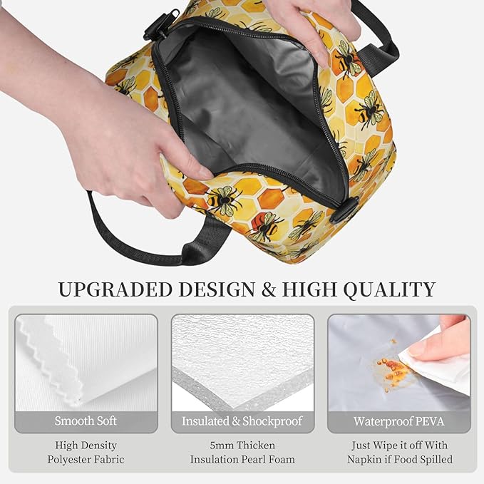 Bee Reusable Insulated Lunch Box Waterproof Lunch Bag with Detachable and Adjustable Shoulder Strap for Office Picnic or Travel