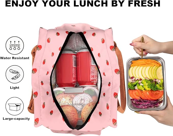 Joymee Lunch Bag Women Insulated Lunch Box Reusable Leakproof Large Spacious Cooler Tote for Women Men Adult with Bottle Holder and Side Pockets for Work Office Travel Picnic - Strawberry Pink