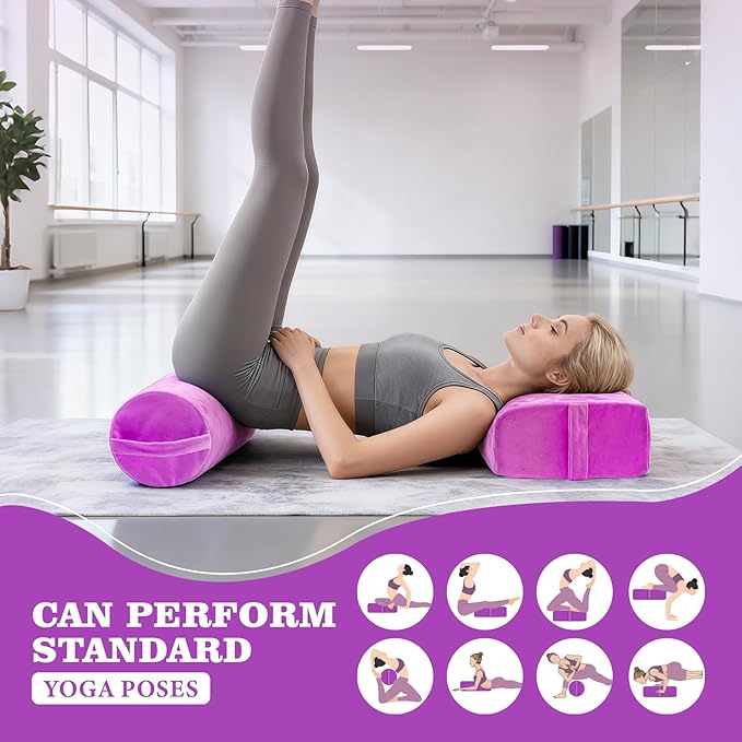 2 PCS Yoga Bolster Pillow Set Washable Velvet Cover Meditation Bolster with High Density Foam and Carry Handle Rectangular and Cylinder Bolsters for Restorative Yoga