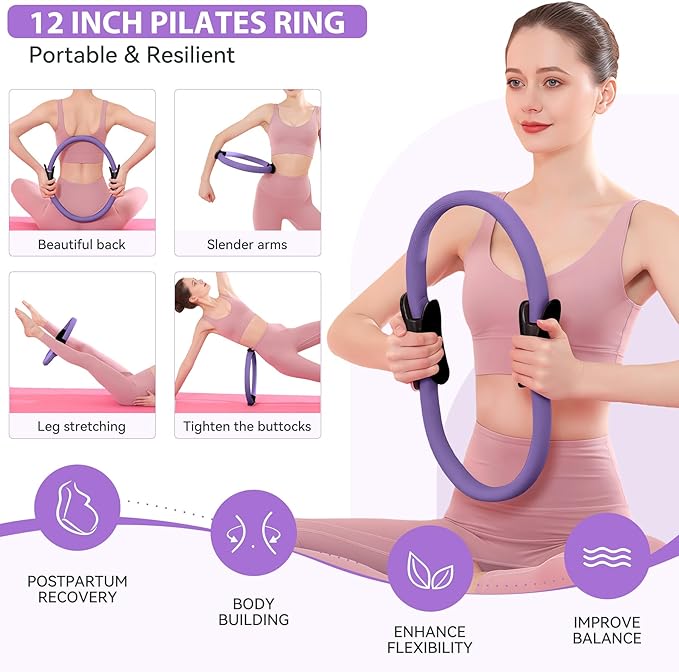 HASHMUST Pilates Ring Kit 12 PCS for Women, Home Workout Equipment with Magic Circle, Mini Exercise Ball, Resistance Bands, Massage Lacrosse, Yoga Strap, Full-Body Fitness Set for Toning & Gift