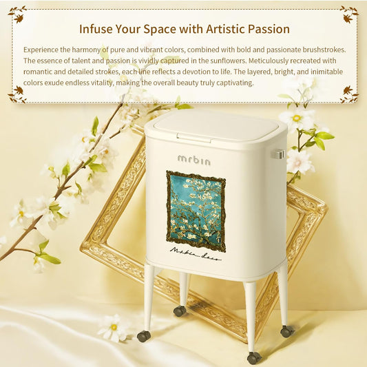 MRBIN Metal Kitchen Trash Can with Wheel Legs, 36L / 9.5gal Medium Press Lid Slim Removable Waste Basket, Pet Proof Tall Narrow Garbage Pail for Vanity, Bedroom, Bathroom, Living Room, Almond Blossom