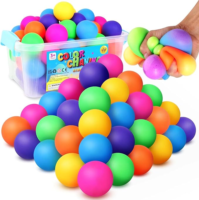Stress Balls Bulk for Kids and Adults: 50 Pack Mini Squishy Ball for Anxiety Relief - Color Changing Sensory Ball Fidget Toys for Autistic Children, Classroom Prizes Goodie Bag Stuffers (1.8")