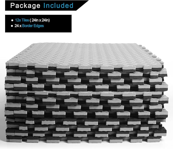 1 in Thick 48 Sq Ft EVA Foam Exercise Gym Mats 12 Pcs - Interlocking Puzzle Floor Tiles for Home Gym Heavy Workout Equipment Flooring - 24 x 24in Tile, Black & Gray