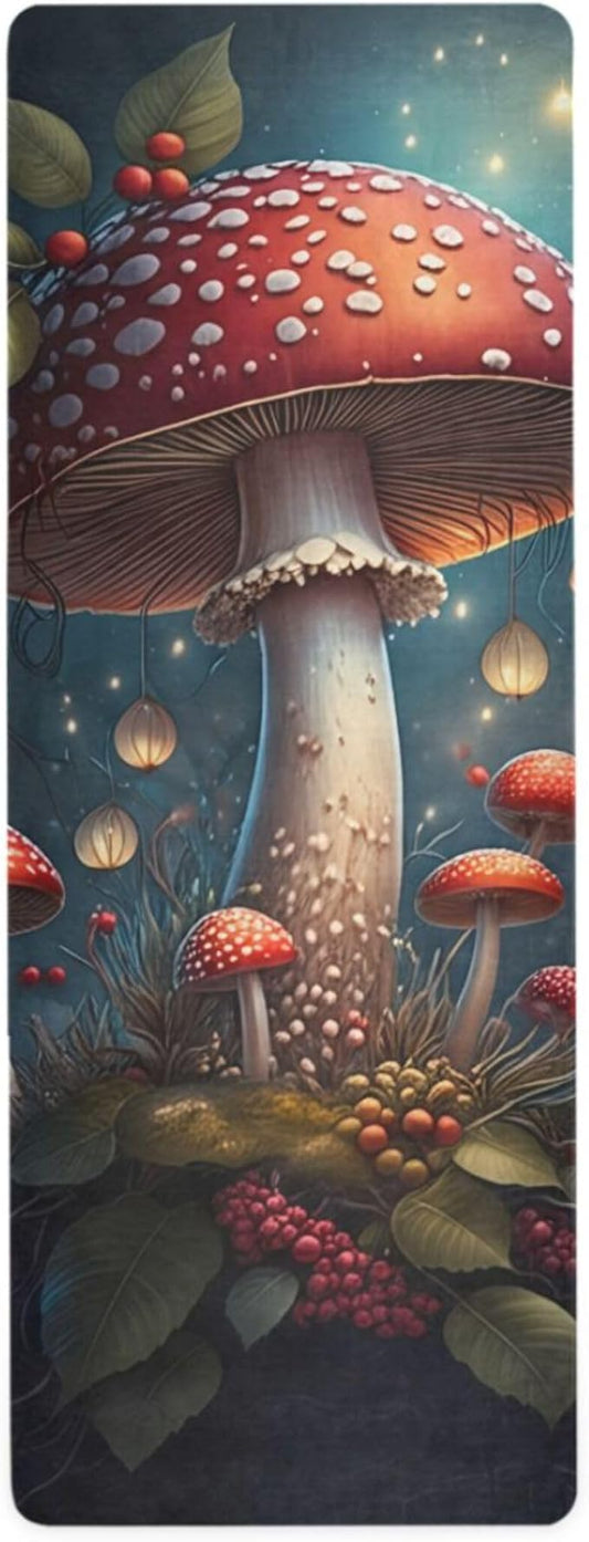 Large Red Mushroom Yoga Mat, 71” x 26” Non-Slip Sports Yoga Mat with Storage Bag, for Indoor and Outdoor Fitness Exercise, Pilates