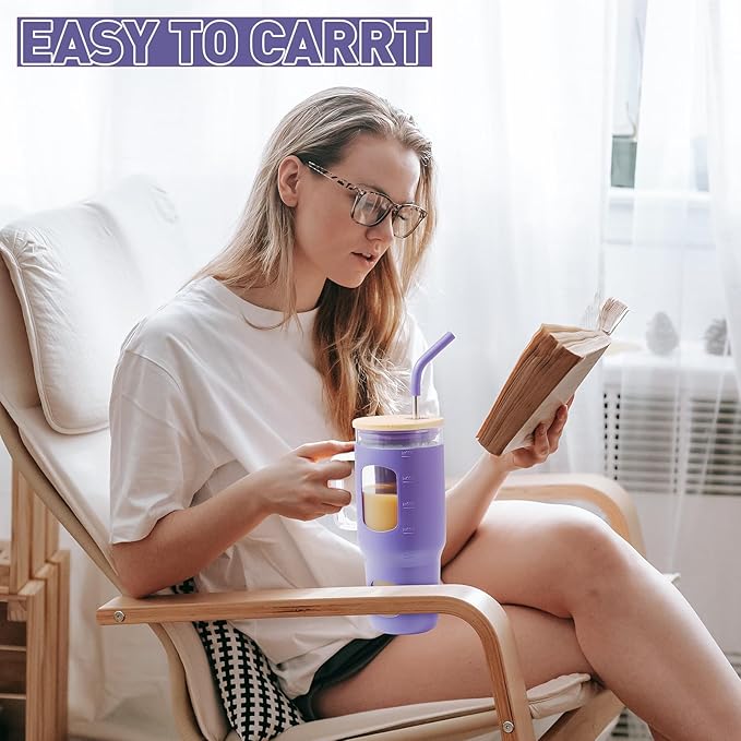 32 oz Glass Tumbler with Straw and Lid, Glass Water Bottles with Time Marker, Silicone Protective Sleeve - Purple
