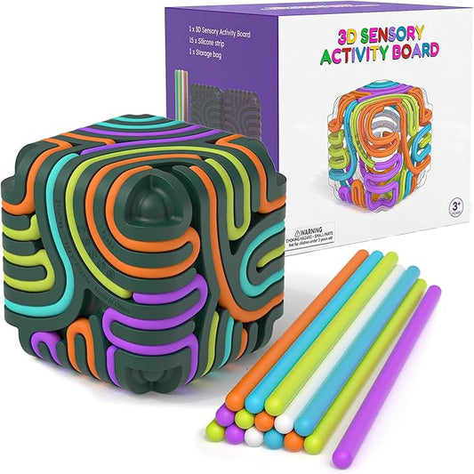 Accevo 3D Sensory Activity Board, Silicone Fidget Cube Toy for Stress Relief, Calming, Focus, ADHD and Autism, 5 Colors Sensory Toys Game Controller for Kids 3+ & Adults with 15 Strings