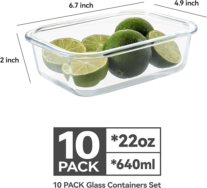 BAYZZ 10 Pack 22 oz Glass Meal Prep Containers, Glass Food Storage Containers with Airtight Lids, BPA-Free, Freezer and Microwave Safe
