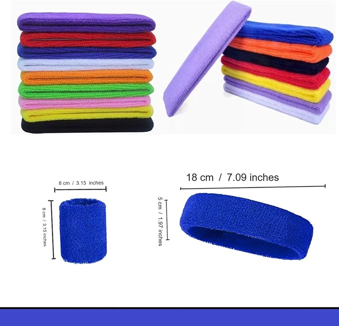 24 Pcs Neon Sweatbands Set Include 8 Pcs Sports Headband and 16 Pcs Cotton Wristbands 80s Neon Sweat Bands Bulk for Gym, Tennis, Basketball, Running, Exercise