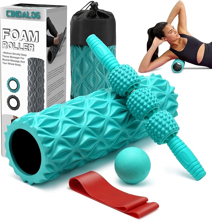 5 in 1 Foam Roller Set - Trigger Point Foam Back Roller, Muscle Roller Stick, Massage Ball, Stretching Band for Deep Muscle Massage Pilates Yoga,Fitness Exercise for Whole Body Release