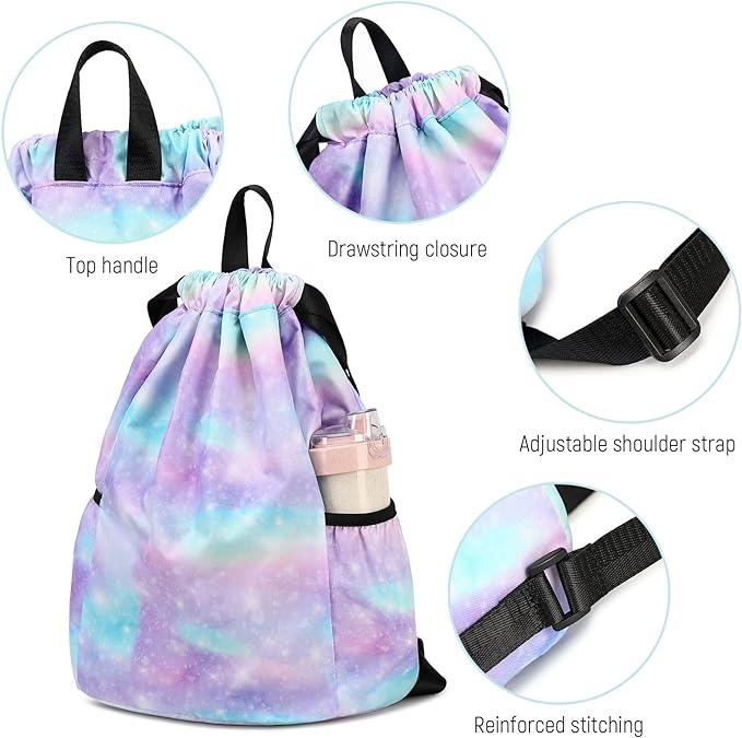 Unicorn Gym Drawstring Backpack, Sports Gym Bag for Girls Kids Waterproof Swimming Beach Sackpack Birthday Christmas Gift with Water Bottle Pocket Pink