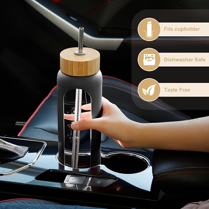 25 oz Glass Water Bottles - Motivational Tumbler With Time Marker - Borosilicate Glass Bottle, Silicone Sleeve, 2 Lids,Handle Spout & Bamboo Straw, Black