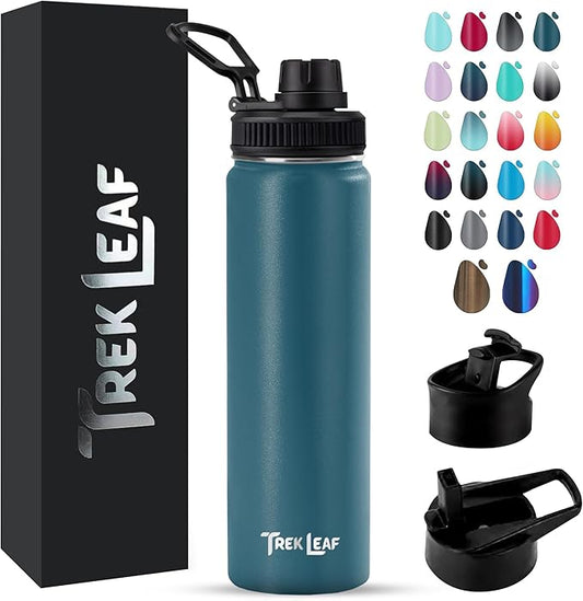 Travel Water Bottle with 3 Lids (Spout, Straw, Flip) Leak Proof, Quality, Vacuum Insulated, Stainless Steel (Cascade Teal, 22 oz)