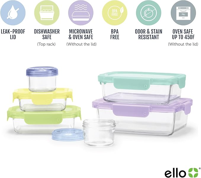 Ello Color Lock 12PC Mixed Glass Food Storage Sets, Leak-Proof Glass Food Storage Containers with Airtight BPA-Free Plastic Lids, Dishwasher, Microwave, and Freezer Safe, Purple Rain