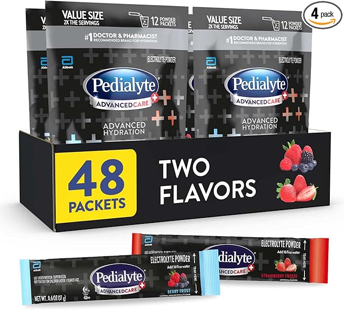 Pedialyte AdvancedCare Plus Electrolyte Powder, Has 33% More Electrolytes and PreActiv Prebiotics, Variety Pack: Berry Frost and Strawberry Freeze, 24 Powder Packets