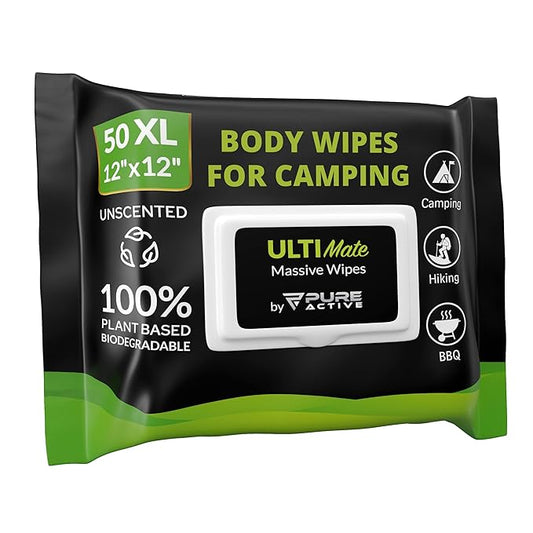 Body Wipes for Camping 50 XXL Camping Wipes 12''x 12'', Shower Body Wipes for Camping, Body and Face Wipes, Biodegradable Personal Hygiene Body Cleansing Wipes for Women Men Kids Elderly Travel