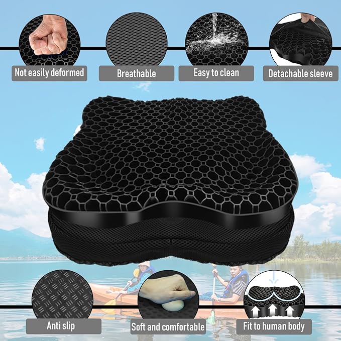 Kayak seat Cushion Waterproof Kayak seat Cushion Kayak Fishing Accessories Waterproof Gel Boat seat Cushion Anti Slip Coccyx Sciatica Relief Double-Layer Gel Cushion Design Thickened