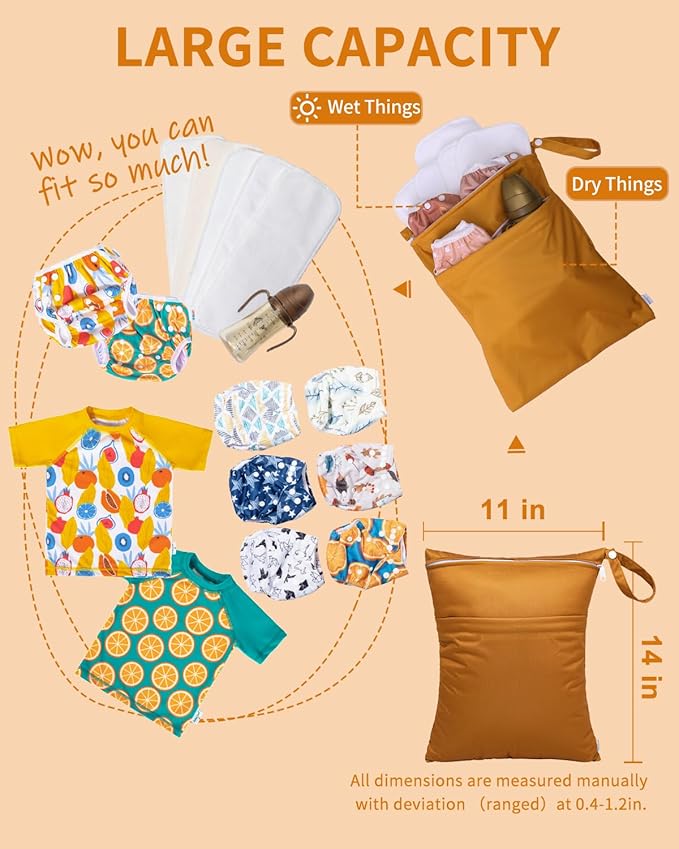 babygoal Wet Dry Bags for Baby Cloth Diapers, Washable Travel Bags, Beach, Pool, Gym Bag for Swimsuits & Wet Clothes with Two Zippered Pockets 3 Pack, 3LN20