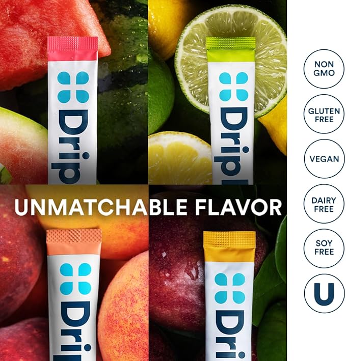 DripDrop Sugar Free Hydration Packets - Zero Classic Variety Pack - Single Serve Electrolytes Powder Drink Mix - Lemon Lime, Watermelon, Peach, Passion Fruit - Non-GMO, Gluten Free, Vegan - 16 Sticks