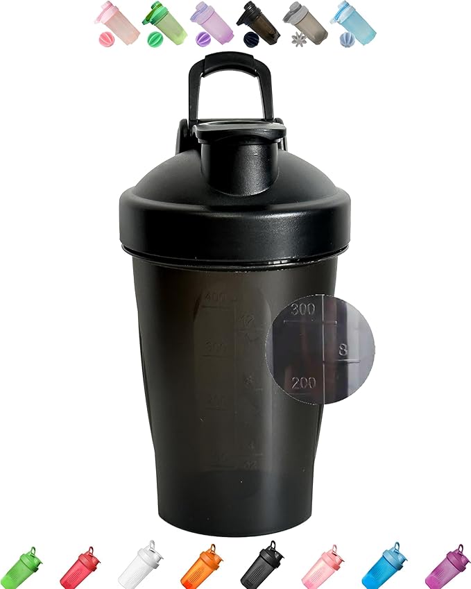Shaker Bottle A Small Dark Black 12Oz/400ml w. Measurement Marks & Stainless Whisk Blender Mixer Ball,BPA Free,Made of PP5,-4~248 °F,Perfect for Nutrition/Protein/Keto/Juice Powder Shaking