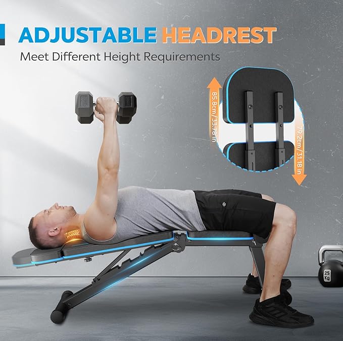 Adjustable Weight Bench for Home Gym, Workout Bench Incline Decline with Adjustable Headrest, Fast Folding Bench Press for Full Body Workout