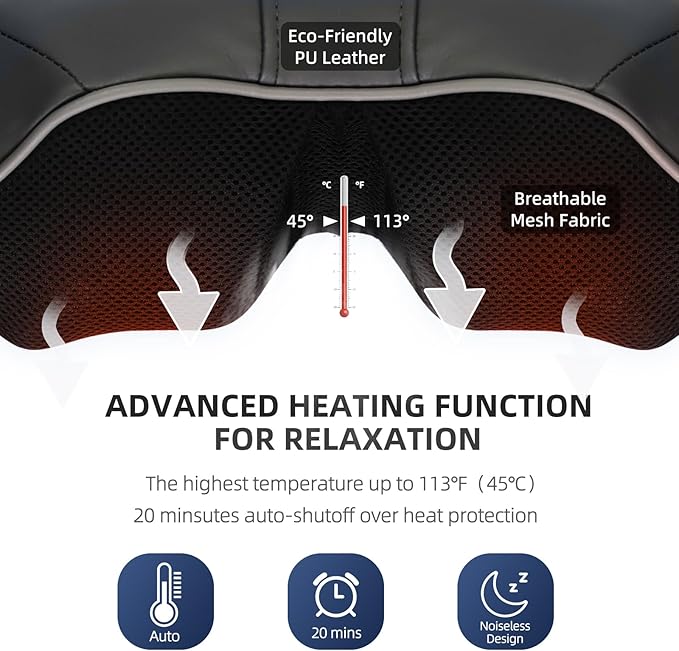 Cordless Rechargeable Shiatsu Neck & Shoulder Massager with Heat Therapy – Deep Kneading Massage for Pain Relief at Home, Office & Travel – for Men & Women