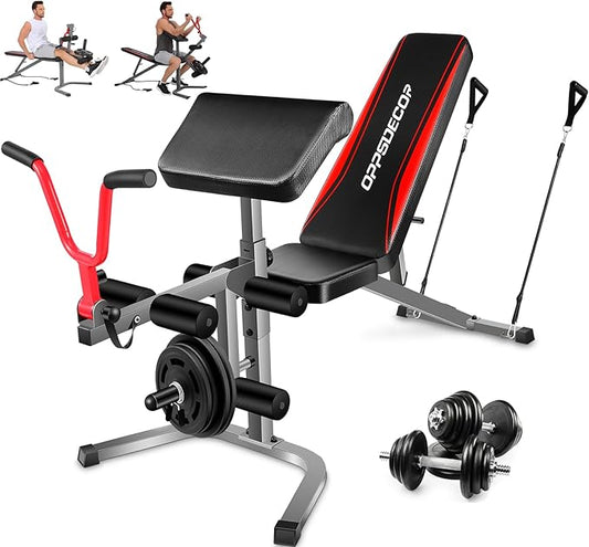 OPPSDECOR Adjustable Weight Bench Set with Leg Extension & Leg Curl, 900LBS Incline/Decline/Flat Preacher Curl Bench, Space-Saving Workout Bench for Home Gym