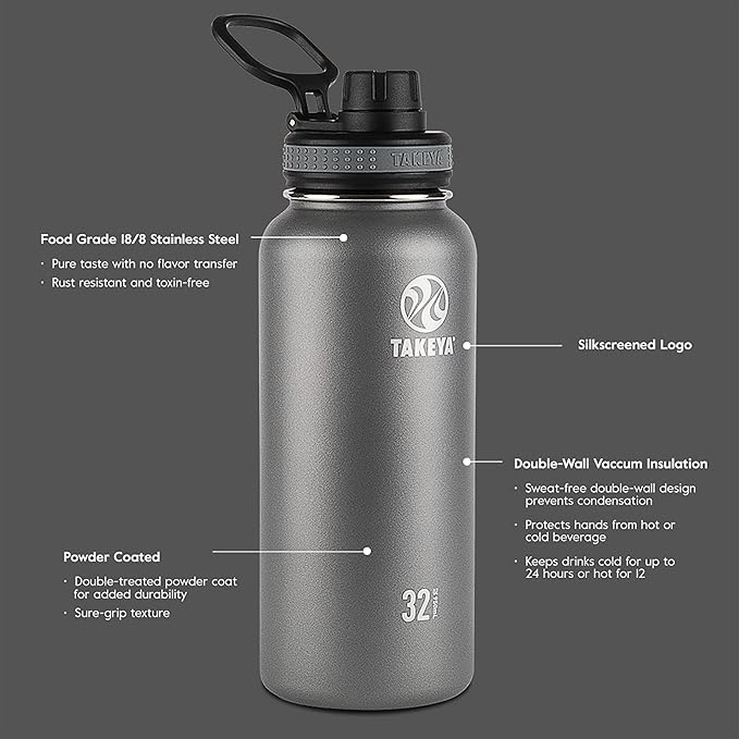 Takeya Originals 18 oz Vacuum Insulated Stainless Steel Water Bottle with Spout Lid, Graphite