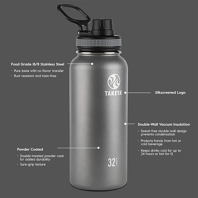 Takeya Originals 24 oz Vacuum Insulated Stainless Steel Water Bottle with Spout Lid, Black