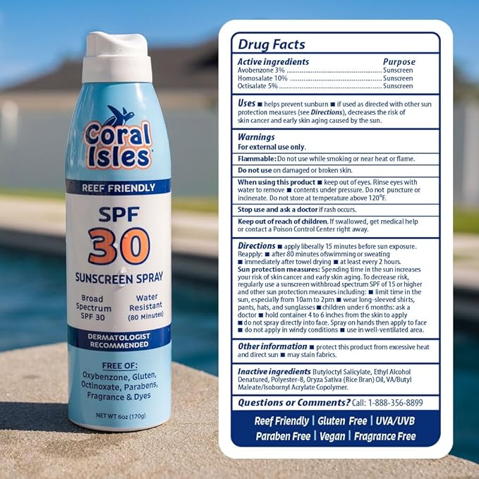 Coral Isles SPF 30 Sunscreen Spray - Hawaii Compliant - Oxybenzone & Octinoxate Free - Broad Spectrum - Water Resistant, 6 Fl Oz (Pack of 3)