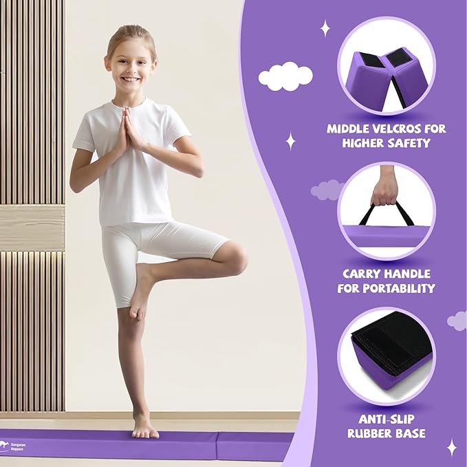 Kangaroo Hoppers 8FT Kids Balance Gymnastics Beam for Kids, Folding Extra Firm Foam Floor Beam for Beginners, Home Training Equipment with Anti-Slip Base, Carrying Bag