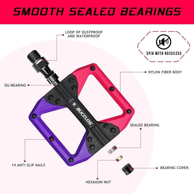 BUCKLOS MTB Flat Pedals Mountain Bike Pedals, 3 Bearings CNC Adult Road Bike Pedals, Bicycle Platform Aluminum Alloy Non-Slip Pedal for Gravel Bike/BMX 9/16"(Black)