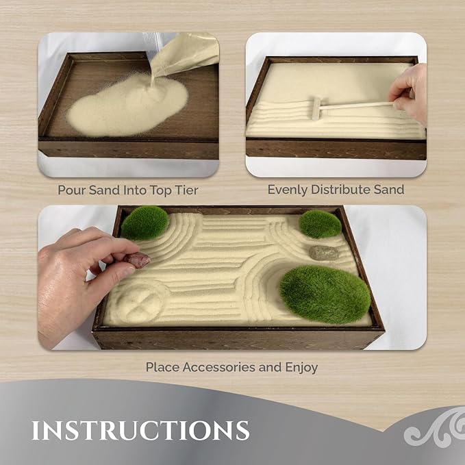Wooden Stackable Zen Garden | Desert Luxe Sand with Rake & Accessories | Minimalist Decor Gift for Relaxation