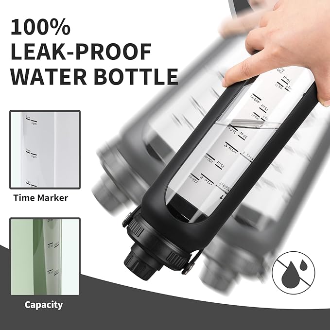 32 oz Glass Water Bottles with 2 Lids-Handle Spout Lid & Straw Lid 1 Liter Motivational Borosilicate Water Bottle with Silicone Sleeve and Time Marker,Leakproof